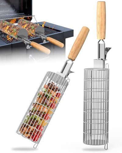 Rollendes Grillkorb Set, Grill zubehör mit abnehmbarer Holzgriff, Edelstahl 304, GrillZubehör für Outdoor-Grill, Gemüse, Fleisch und Meeresfrüchte am Außengril, Geschenke für Männer