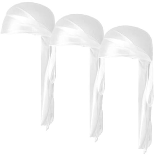 COYUN 3 PCS Durag de Cola Larga, Sombrero Pirata, Gorro de Onda Sedoso Bandanas Piratas Para unisexo, Durag de Seda Satinado Para unisexo, Banda de Cabeza Ondulada, Hip Hop y Decoración Diaria, Blanco