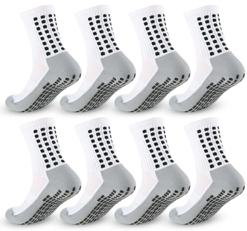 4 Paia Calzini grip calcio Calze Antiscivolo Calcio Football Socks Uomo Calzini Sportivi Uomo Donna Traspirante Calzini Grip Calcio per Ciclismo Trekking (Bianco 37-45)