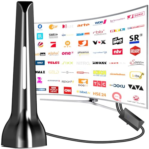DVB-T/DVB-T2 Indoor Aerial with 420km Reception Range, 360° All-Round Reception, Magnetic Base, Amplifier and 3m Cable