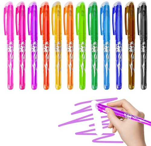 Pack de 12 Bolígrafos Borrables de Gel en Colores Brillantes para Escritura Creativa con Punta Fina y Clip para Escuela, Oficina y Bullet Journal