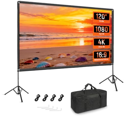Proyector de pantalla con trípode de 120 pulgadas, HolaDream proyector de pantalla portátil para exteriores 16:9 HD, pantalla de proyector con soporte y bolsa de transporte para el hogar, jardín