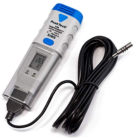 PeakTech P5185 – USB Datenlogger für Temperatur, Luftfeuchtigkeit und Gleichspannung – Klimadatenlogger mit 32.000 Messwerten – Datenlogger für Spannung mit LCD-Display und externem Sensor