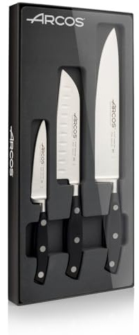 Arcos Riviera - Juego de Cuchillos de Cocina (Mondador + 1 Santoku + 1 Cuchillo Chef) - Acero Inoxidable Forjado NITRUM - Mango POM - Color Negro