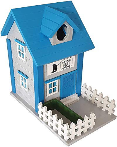 CKB LTD Casetta in legno blu per uccelli e stazione di alimentazione con mangiatoia, casa per uccelli, nido, design moderno, resistente agli agenti atmosferici, per giardino, montaggio su albero o