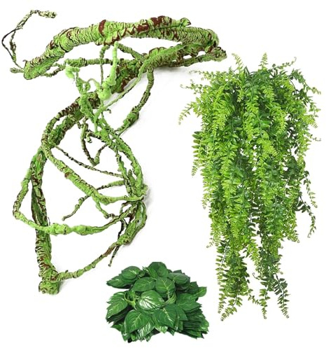 kathson 3 PCS Reptile Vines Plants Flexible Bendable Jungle Climbing Vine Terrarium Plastic Plant Leaves Pet Tank Habitat Decor for Bearded Dragons Lizards Geckos Snakes Frogs and More Reptiles