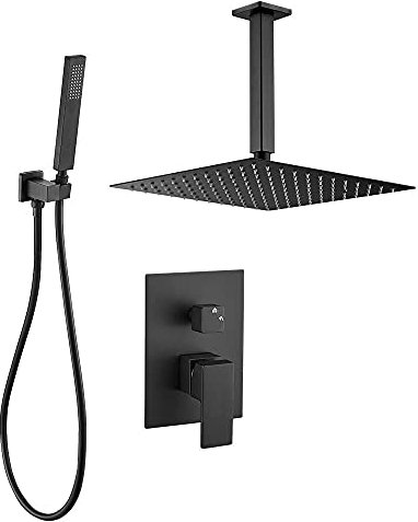 VALAZ Ducha Empotrada Negro Mate | Ducha Monomando 2 Vías, Rociador Efecto Lluvia | Instalación en Techo Fácil y Rápida | Acero Aleado, Inoxidable, Elegante, Cuadrada, Rociador 25 cm, Serie Tajo