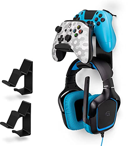 The UberAtlas Dual Game Controller & Headphone Stand Wall Mount Holder for Xbox ONE, Series X, PS5, PS4, PS3, Switch, STEELSERIES Gamepad & More, Stay Organized No Screws, by Brainwavz (Two Pack)