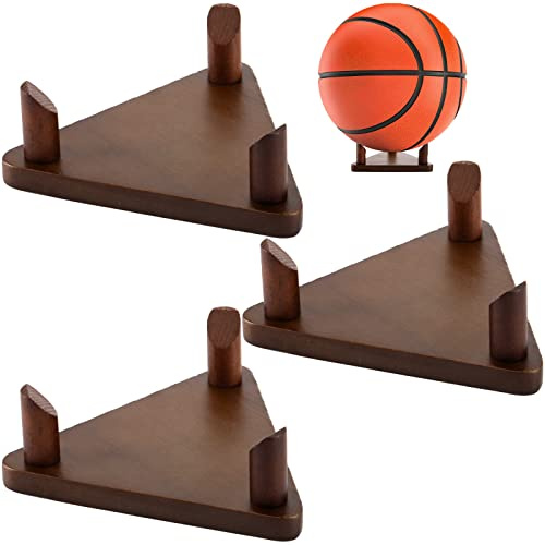 Frcctre 3 Pack Wooden Ball Stand Holder Display Stand for Football, Basketball, Soccer, Volleyball, Rugby - Wood Sports Ball Storage Rack Trophy Autograph Memorabilia Display Cases