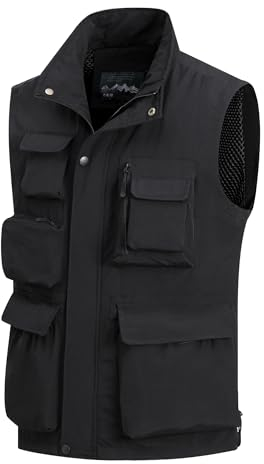 MeiLayM Herren Outdoor Weste mit Vielen Taschen Anglerweste Ärmellose Freizeit Weste Leicht Atmungsaktiv Weste Sommer schnelltrocknend Gilet Jagd Fotografie Sport Weste Schwarz,XXL