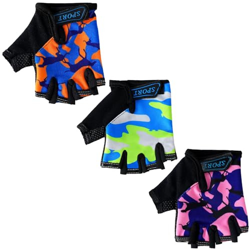 Boao 3 Pairs Kids Half Finger Bike Gloves Non-Slip Breathable Adjustable Birthday Gift for Boys Girls for Bike Workout(Vibrant,5-8 Years)