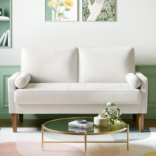 Vesgantti Small 2 Seater Sofa Beige, Comfy Couch with Spring Cushion, Velvet Sofa with Wood Legs, Modern Love Seat Sofa 2 Seater for Living Room, Small Couch for Bedroom, Beige Office Couch
