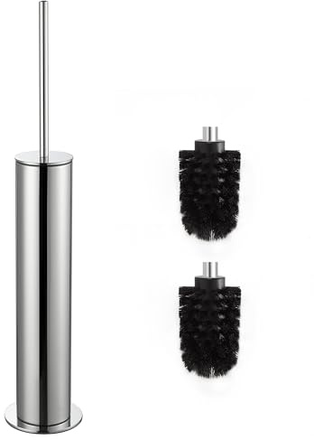 DAZI escobillas de baño de pie metallico,Cepillo y Soporte Lavabo con 2 Cabezales de escobilla WC de Mango Largo,escobillero baño Anti-Goteo y Anti-obstrucción (Plata Cromo)