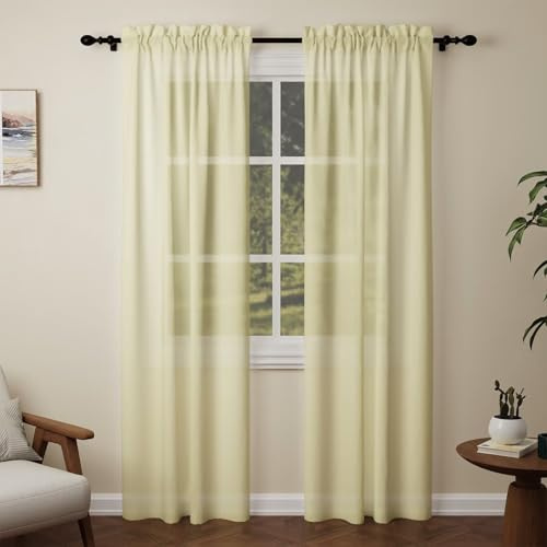 Pacok Yellow Voile Curtains 84 Drop, 2 Panels Rod Pocket W56xL84 Inch