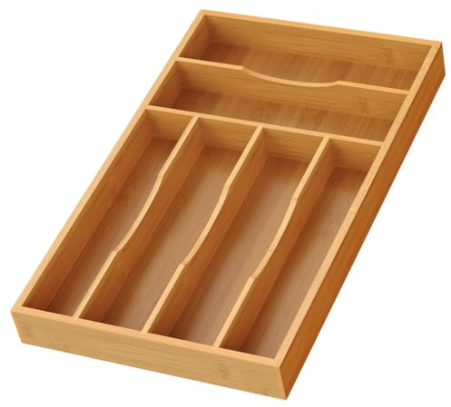Bayting Bamboo Silverware Organizer, Bamboo Kitchen Drawer Cutlery Organizer, Utensil Holder, Flatware Organizer Tray (15.8x9.5x1.6)
