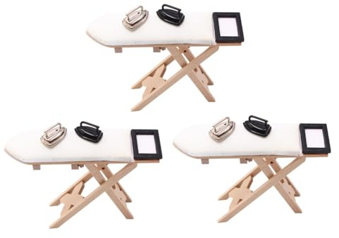 Warmhm Set da 3 Pezzi Mini Ferro da Stiro Asse da Stiro e Tavolo in Miniatura in Legno Decorazione per Casa delle Bambole Accessori per Modellini e Oggetti di Scena Fotografici