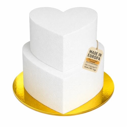 LA LILEYN Gâteau en polystyrène en forme de cœur à 2 étages avec fond à gâteau doré/argenté - Avec autocollant rond double face - Qualité 12 g/l - Extra haut - 15 cm - Idéal comme cake dummy
