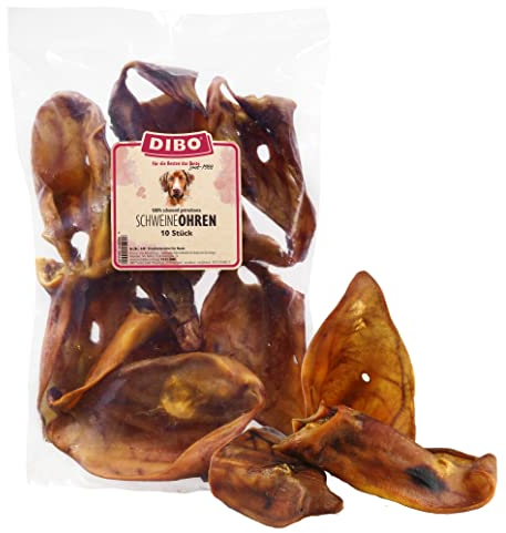 DIBO Schweineohren, 10 Stück im Beutel, der kleine Naturkau-Snack oder Leckerli für Zwischendurch, Hundefutter, Qualitätskauartikel ohne Chemie