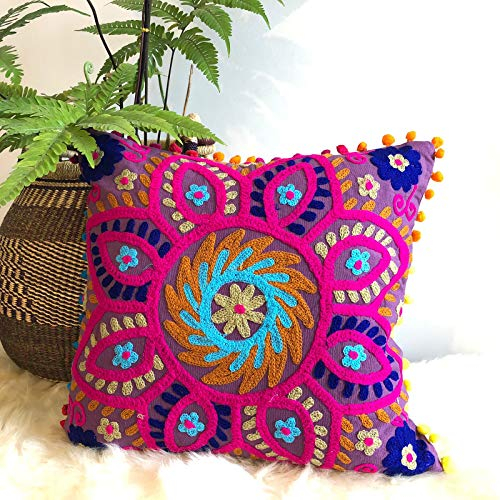 Traditional Jaipur Suzani Kissen, Bestickt Kissenbezug 16 x 16, dekorativer Überwurf-Kissenbezug, indisches Pom Pom Outdoor Kissen, Boho kissenrollen