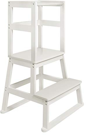 BOMI® Swubi Montessori Lernturm ab 1 Jahr | Sicherer Tritthocker Kinder 2 Stufen | Learning Tower für Kind & Baby aus Holz | Schemel, Lernstuhl als Stehhilfe, Kinderhocker Holz Weiß