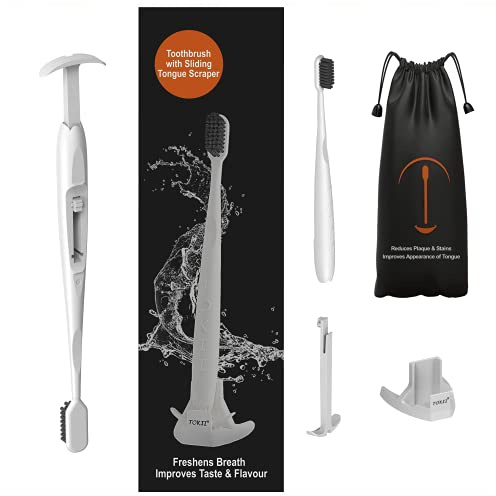 TOKII Tongue Scraper Cleaner Charcoal Bristles Toothbrush for Bad Breath with Waterproof Pouch for Travel, Hygienic Stand and Enviromentally Friendly (White, Pack of 1)