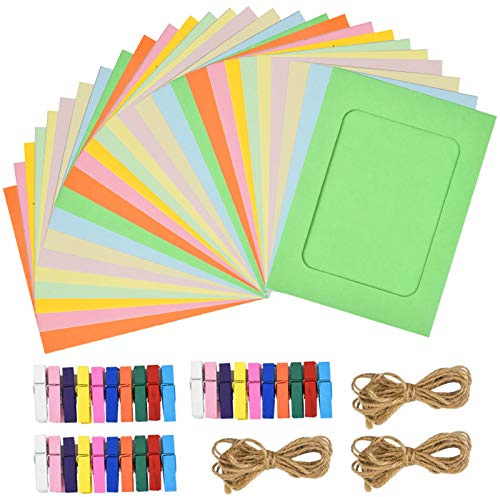 Pinsheng 30 PCS Paper Photo Frame, 6 x 4 inch Picture Mats with Mini Wooden Clips and String Hanging Cardboard for Home School Office Wall Party Decoration (10 Color)