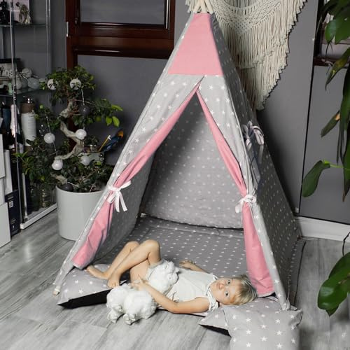 PaLulli Tipi - Tienda de campaña para niños con alfombra y sistema anticolapso y 4 cojines decorativos de lona de algodón, diseño de estrellas, color rosa