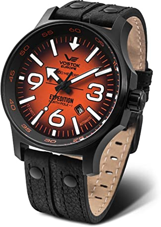 Vostok Europe YN55 Expedition Nordpol 1 Herrenuhr mit Multinieten, Lederarmband, automatisches Datum, orange/schwarz, Riemen