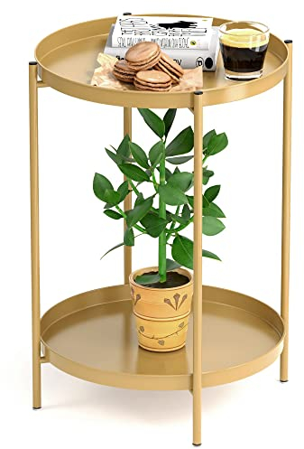 OVICAR Gold Side Table - 2 Tier Metal Round End Coffee Accent Nightstand Waterproof Removable Tray for Living Room Bedroom Balcony