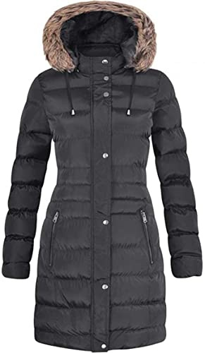 Spindle Womens Long Fur Trimmed Hooded Padded Puffer Parka Ladies Winter Jacket Coat (Black, 10)