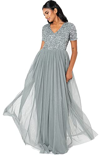 Maya Deluxe Damen Ballkleid Abendkleid V-ausschnitt Maxi Länge Pailletten Kurze Ärmel Für Hochzeit Geburtstag Brautjungfer Bridesmaid Dress, Misty Green, 44 EU