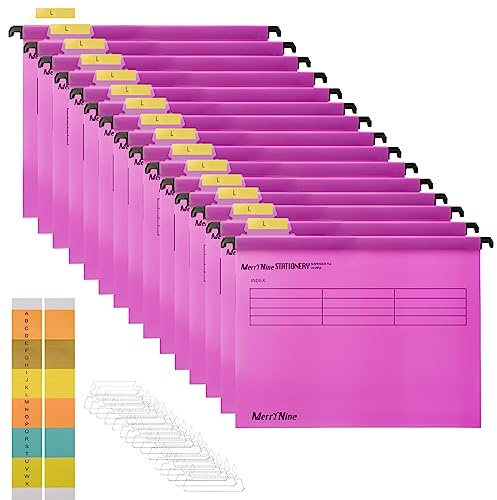 Hängemappen, MerryNine 15 Stück Polypropylen-Hängemappen mit Registerkarten und Karteneinsätzen für Schule, Zuhause, Arbeit, Büro, Organisation **Größe vor Bestellung überprüfen** (Rosa, Foolscap)