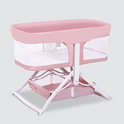 JYCCH Mobiles Beistellbett, Reisebett, Babybett mit luftigem Netz und Aufbewahrungskorb, zusammenklappbares Babybett, Pink Happy (Pink)
