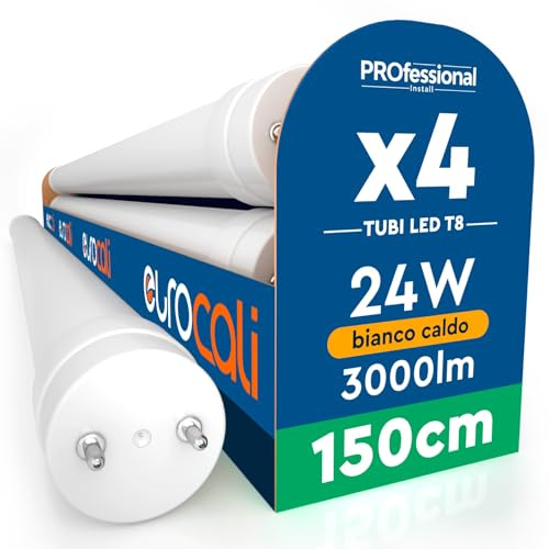 Eurocali 4 Tubi LED 24W 150cm T8 G13 SMD con Starter 3000 Lumen Garanzia 3 Anni - Luce Calda 3000K - Alta Luminosità 125 lm/W - Materiale Nano Plastic Sostituzione Neon per Soffitto Garage Negozio