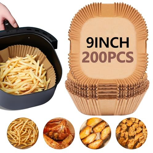 UBeesize 9-Inch Air Fryer Parchment Liners - 200 Pack, Square Non-Stick Disposable Paper Sheets for Microwave & Air Fryers, Unbleached Baking Sheets (8-Inch Base)