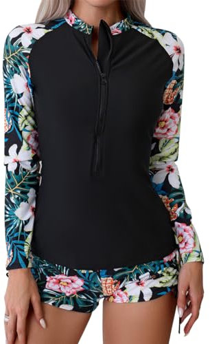 FYMNSI Rash Guard Damen 2 Teilig Bauchweg Badeanzug Langarm UV Shirt Rashguard UPF 50+ Schwimmshirt Rei�verschluss Schnell Trocknender Badeshirt mit Boyshort Surfanzug Bademode Schwarz Ananas L