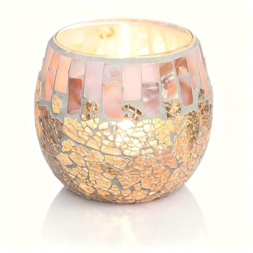 Mosaico Portacandele in Vetro, 10,5cm Candeliere Caldo e Romantico, Porta Candele Votivo Tealight per Decorazioni Centrotavola per Matrimoni, Feste, Compleanni, Natale