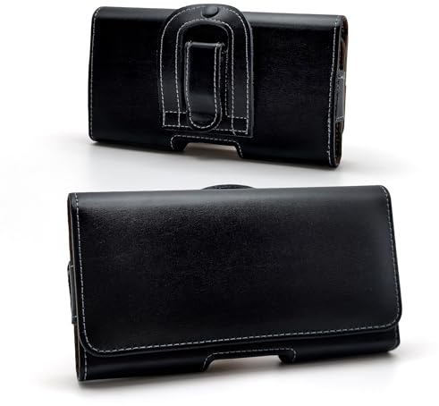 Funda Movil Cinturón Horizontal Cuero Auténtico, Funda para Teléfono Móvil Piel Compatible para iPhone 16 Pro MAX 15 Plus Samsung Galaxy A55 A35 A15 A14 A25 S20FE - Negro