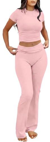IWOLLENCE Loungewear Sets for Women UK Two Piece Outfit Short Sleeve Crop Top and High Elastic Waist Wide Leg Trousers Co Ord Set (Pink, XL)