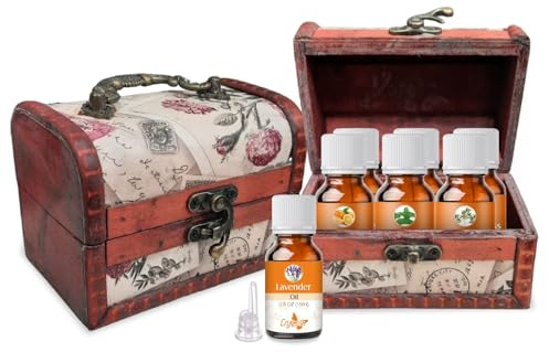 Crysalis Aromatherapy Essential Oil Gift Set – 6 x 15ml Bottles (Peppermint, Lavender, Eucalyptus, Tea Tree, Lemongrass, Orange) in Vintage Wooden Box with Floral Design & Handle – Antique-Style