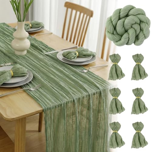 FALSKT Camino de Mesa Verde Salvia 400×90cm Mantel de Gasa de Poliéster Vintage Camino de Mesa Moderno con Textura Arrugada para Comuniones Fiestas, 6PCS Servilletas de Gasa, 6PCS Anillos Servilletas