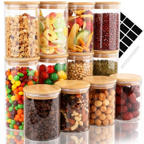 Otauoaea Lot de 12 Bocaux en Verre Hermetiques avec Couvercle en Bambou - 4x400ml & 4x500ml & 4x700ml Bocal en Verre - Pot en Verre avec Étiquettes - Boite Rangement pour Céréales, Haricots, Épices