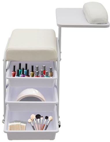 OUKANING Table de manucure avec siège, capacité de charge de 75 kg, table à ongles avec 3 tiroirs et support de main pivotant, roulettes, station de manucure pour salon de manucure et de beauté (Blanc