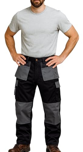 Maan Store Men’s Heavy Duty Work Trousers with Holster & Knee Pad Pockets Durable Cargo Pants with Hammer Loop Multi Pockets Black/40/30