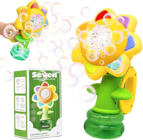 GYMSTR Kids Bubble Machine Toy, Rechargeable Sunflower Bubble Maker with LED Lights - Christmas Birthday Present Boys Toys