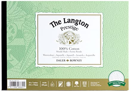 Daler-Rowney The Langton Prestige - Blocco di carta bianca naturale per acquerelli, pressato a freddo, 300 g/mq, 25,4 x 17,8 cm, 1 lato, senza acidi, 12 fogli, ideale per artisti professionisti