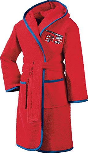 Erwin Müller Kinder-Bademantel mit Kapuze Frottier rot Größe 110/116 - saugstark, langlebig, angenehm weich, mit Taschen und Bindegürtel, Stickerei Feuerwehr (weitere Größen)