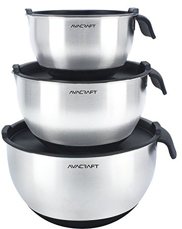 AVACRAFT 18/10 Stainless Steel Mixing Bowls with Lids, non slip silicone base bowls with Handle, Mixing Bowl Set with Pour Spouts & Measurement Marks, Home Essentials Cooking Bowls, (Black)