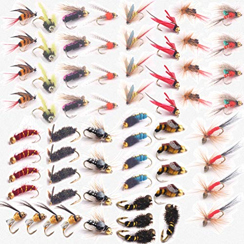 Fliegenfischen Zubehör, RoseFlower Professional Trocken Angel-Fliegen Kunstköder Set Trockenfliegen Fliegenköder Fliegenfischen Köder Set mit Wasserdichte Box für Zander Bass Fischbarsch Lachs Forelle