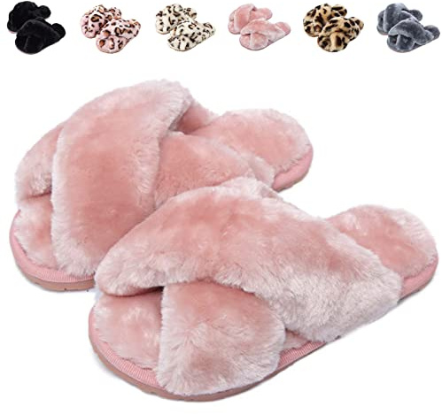 Fadezar Girls Fluffy Slippers Warm Plush Memory Foam Slippers for Kids Cute Leopard Print House Slipper Open Toe Slip on Slider Slipper